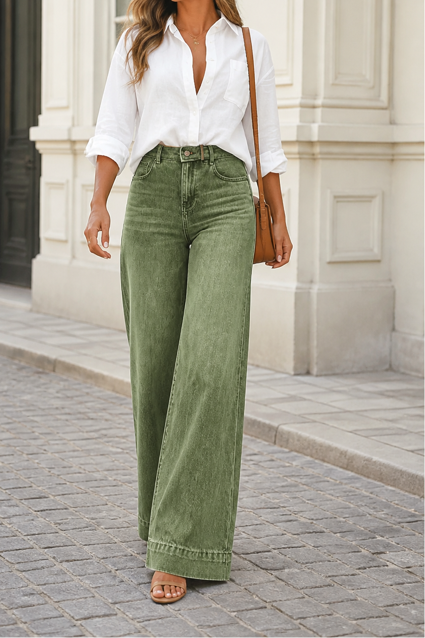 Jeans de mujer de cintura alta y pernera ancha con lavado vintage y tejido de denim de algodón.