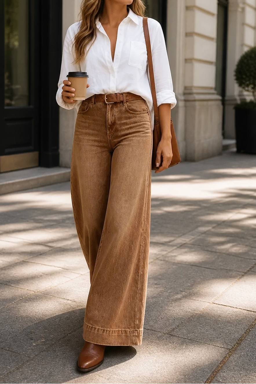 Jeans de mujer de cintura alta y pernera ancha con lavado vintage y tejido de denim de algodón.