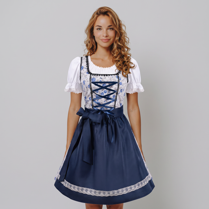 Blomstret blå dirndl med forklæde, 2-delt Oktoberfest-sæt