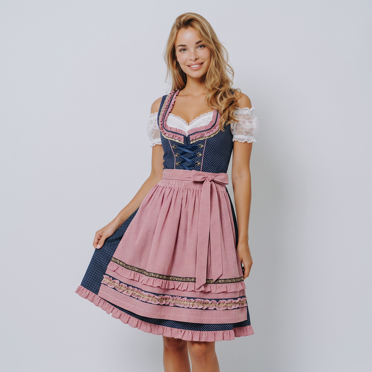 Dirndl med blondebluse og forklæde, sæt med 3 dele til Oktoberfest