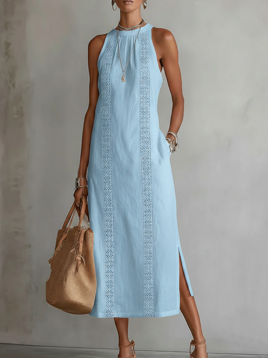Women's Summer Midi Dress with Mandarin Collar, Sleeveless and Side Pockets – A-Line Cut