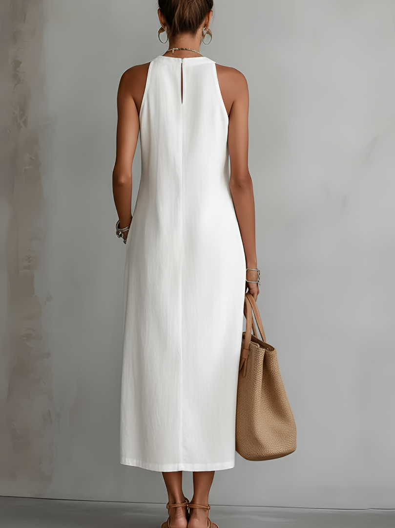 Women's Summer Midi Dress with Mandarin Collar, Sleeveless and Side Pockets – A-Line Cut