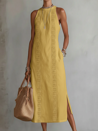 Women's Summer Midi Dress with Mandarin Collar, Sleeveless and Side Pockets – A-Line Cut