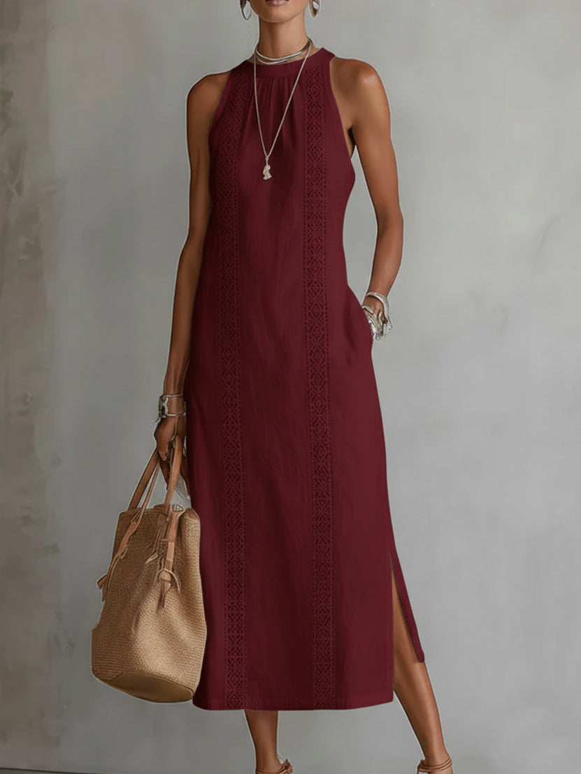 Women's Summer Midi Dress with Mandarin Collar, Sleeveless and Side Pockets – A-Line Cut