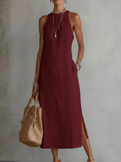Women's Summer Midi Dress with Mandarin Collar, Sleeveless and Side Pockets – A-Line Cut