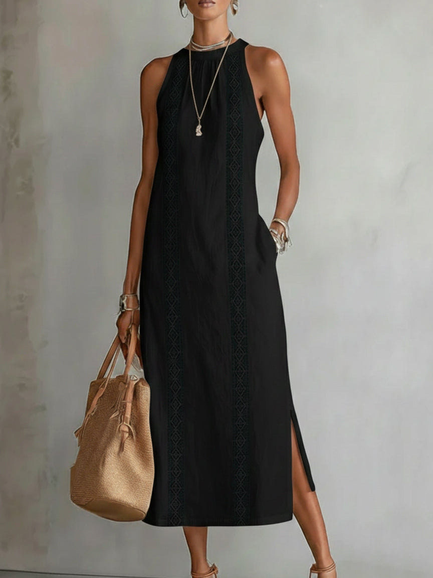 Women's Summer Midi Dress with Mandarin Collar, Sleeveless and Side Pockets – A-Line Cut