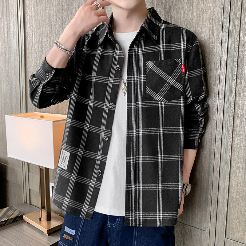 Camisa de hombre de franela a cuadros, de manga larga y con bolsillo en el pecho