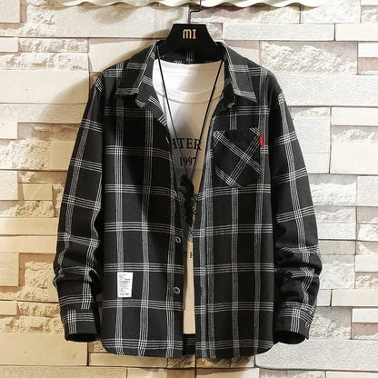 Camisa de hombre de franela a cuadros, de manga larga y con bolsillo en el pecho