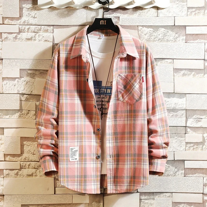 Camisa de hombre de franela a cuadros, de manga larga y con bolsillo en el pecho