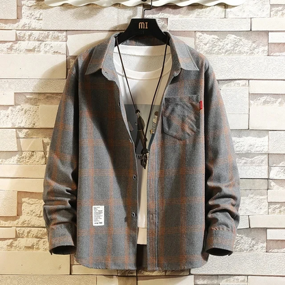 Camisa de hombre de franela a cuadros, de manga larga y con bolsillo en el pecho