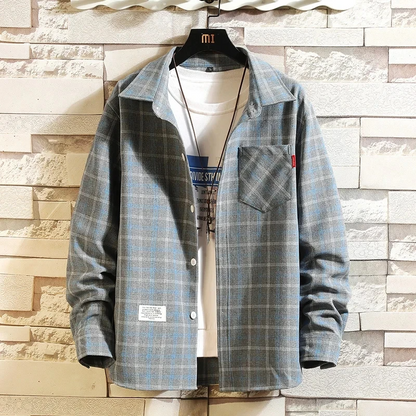 Camisa de hombre de franela a cuadros, de manga larga y con bolsillo en el pecho