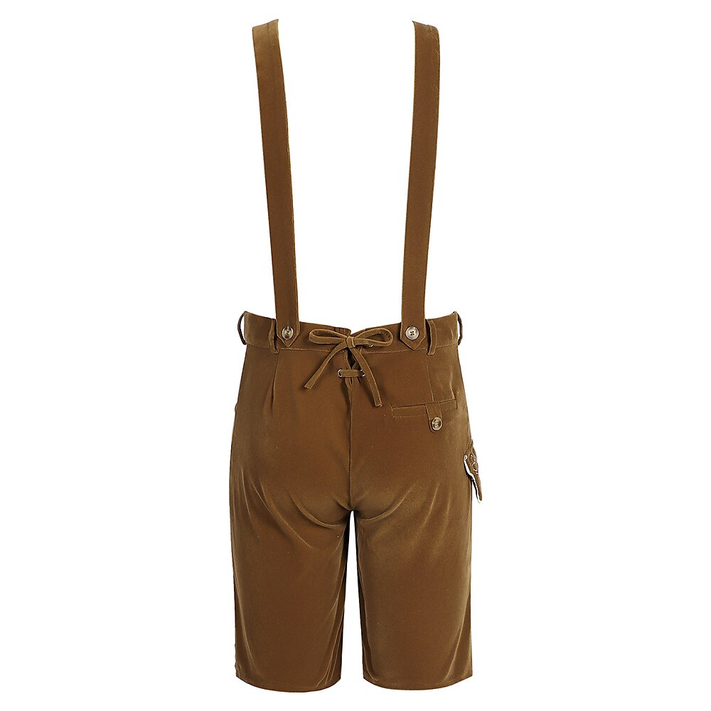 Pantaloni corti tradizionali bavaresi in pelle marrone con bretelle, dettagli in metallo e tasca laterale. Abbigliamento tipico Oktoberfest.