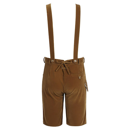 Pantaloni corti tradizionali bavaresi in pelle marrone con bretelle, dettagli in metallo e tasca laterale. Abbigliamento tipico Oktoberfest.