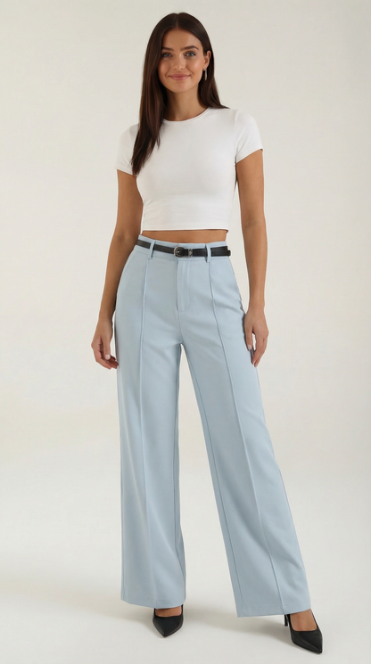 Women's Wide-Leg Pleated Pants with a Matching Belt and Straight Silhouette.
