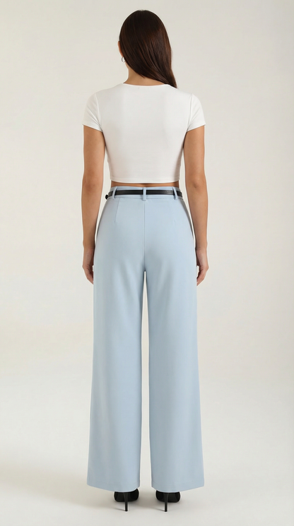 Women's Wide-Leg Pleated Pants with a Matching Belt and Straight Silhouette.
