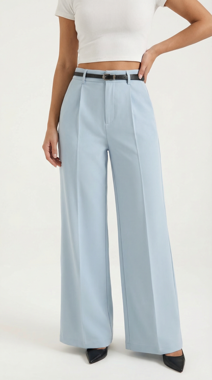 Women's Wide-Leg Pleated Pants with a Matching Belt and Straight Silhouette.