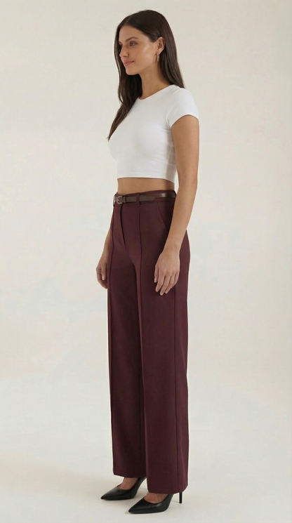 Women's Wide-Leg Pleated Pants with a Matching Belt and Straight Silhouette.