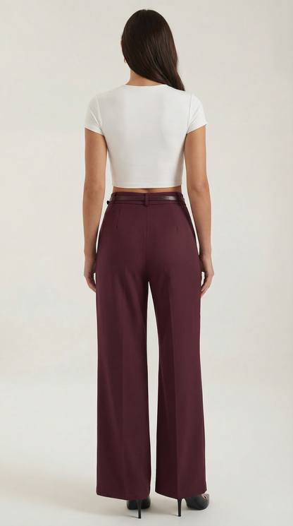 Women's Wide-Leg Pleated Pants with a Matching Belt and Straight Silhouette.