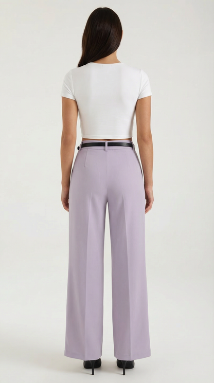 Women's Wide-Leg Pleated Pants with a Matching Belt and Straight Silhouette.