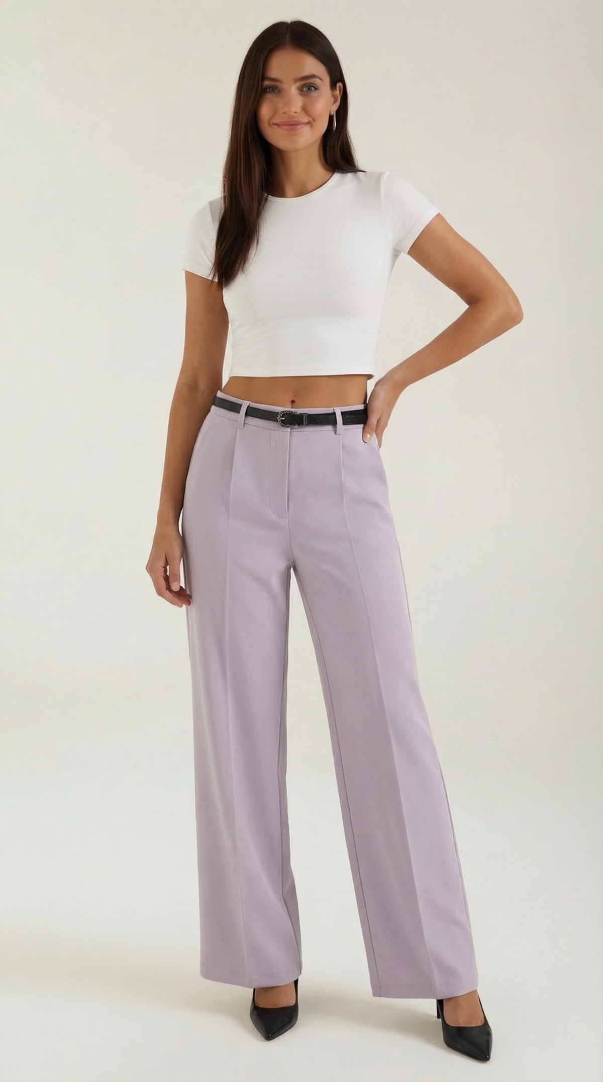 Women's Wide-Leg Pleated Pants with a Matching Belt and Straight Silhouette.