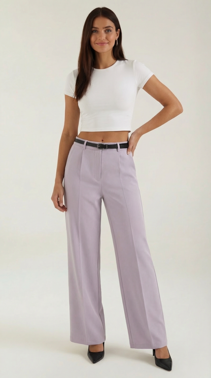 Women's Wide-Leg Pleated Pants with a Matching Belt and Straight Silhouette.