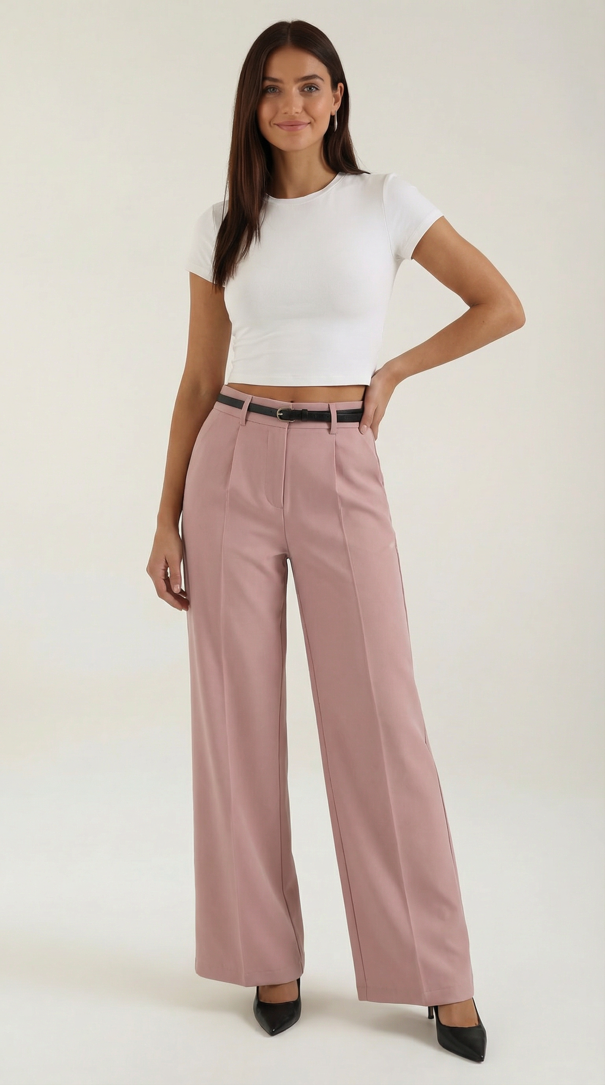 Women's Wide-Leg Pleated Pants with a Matching Belt and Straight Silhouette.