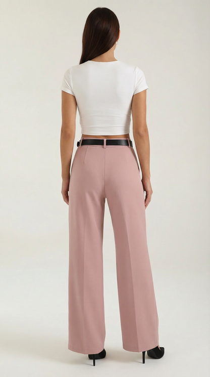 Women's Wide-Leg Pleated Pants with a Matching Belt and Straight Silhouette.