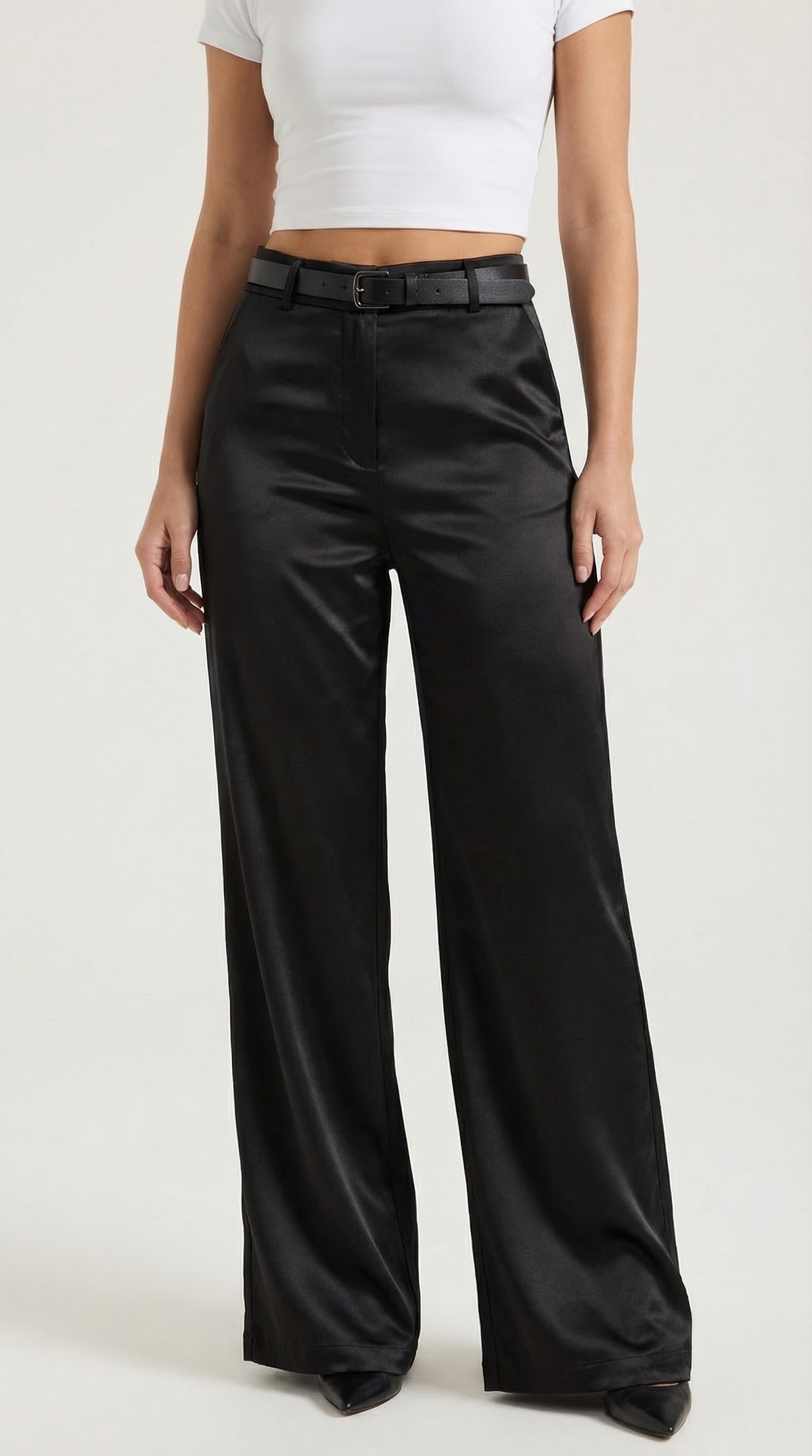 Women's Wide-Leg Pleated Pants with a Matching Belt and Straight Silhouette.