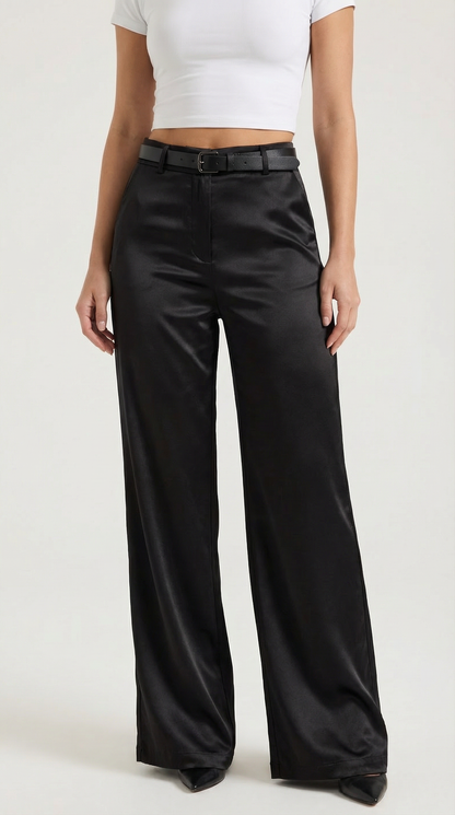 Women's Wide-Leg Pleated Pants with a Matching Belt and Straight Silhouette.