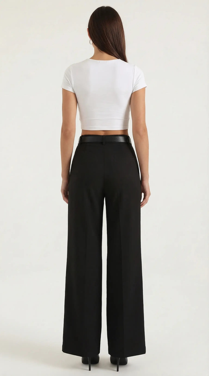 Women's Wide-Leg Pleated Pants with a Matching Belt and Straight Silhouette.
