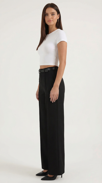 Women's Wide-Leg Pleated Pants with a Matching Belt and Straight Silhouette.