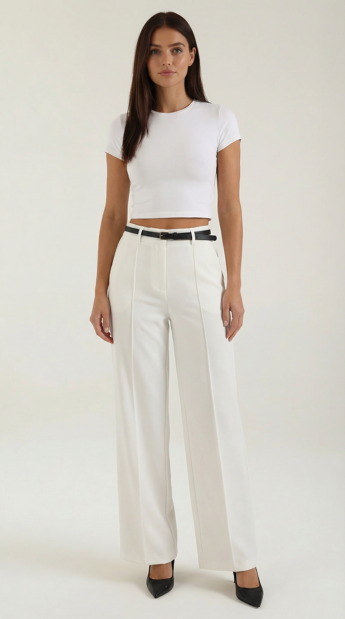 Women's Wide-Leg Pleated Pants with a Matching Belt and Straight Silhouette.