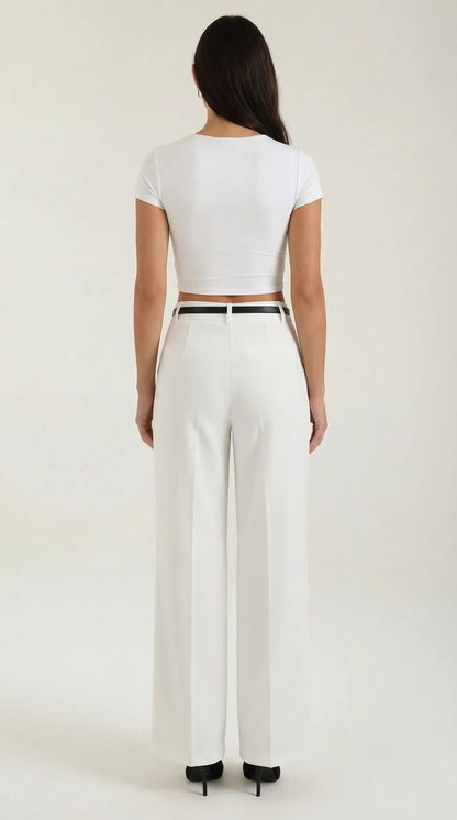 Women's Wide-Leg Pleated Pants with a Matching Belt and Straight Silhouette.