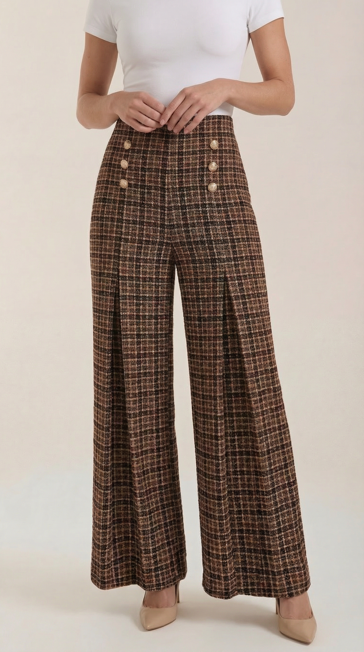 Pantalones de mujer de cintura alta y pierna ancha, con estampado de cuadros de estilo retro.