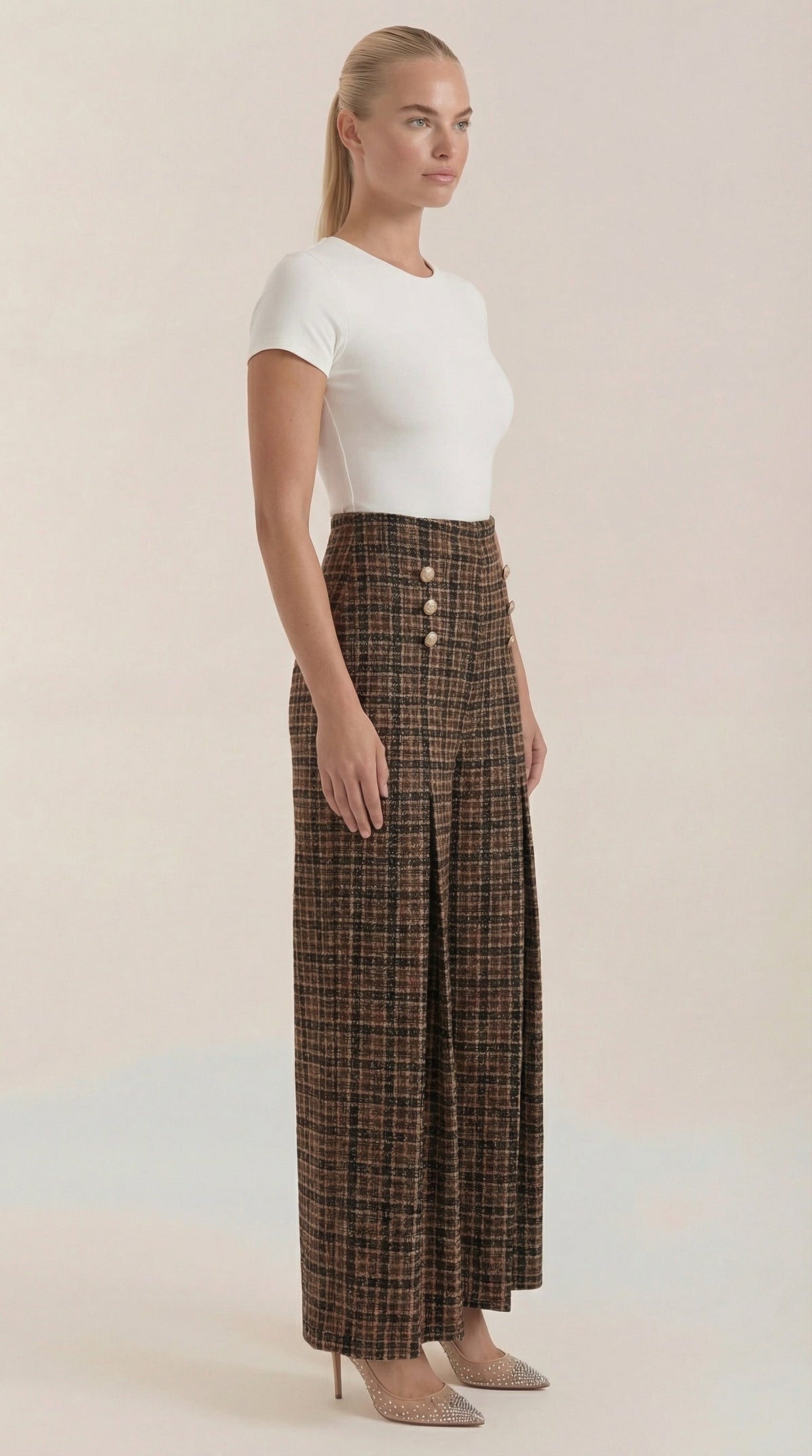 Pantalones de mujer de cintura alta y pierna ancha, con estampado de cuadros de estilo retro.