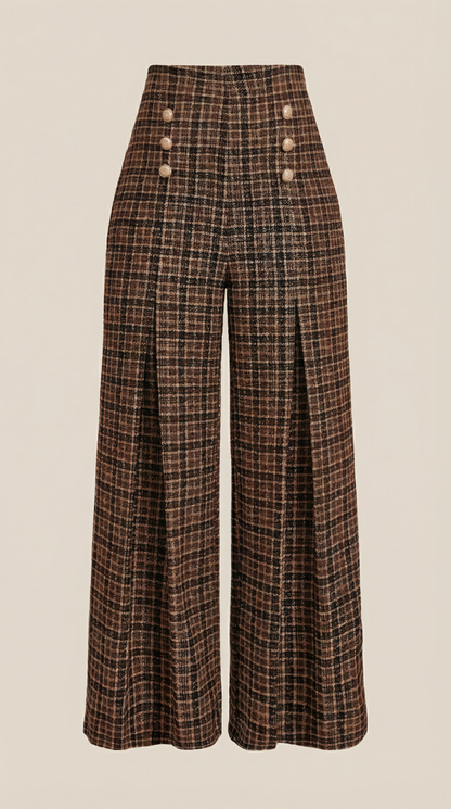 Pantalones de mujer de cintura alta y pierna ancha, con estampado de cuadros de estilo retro.