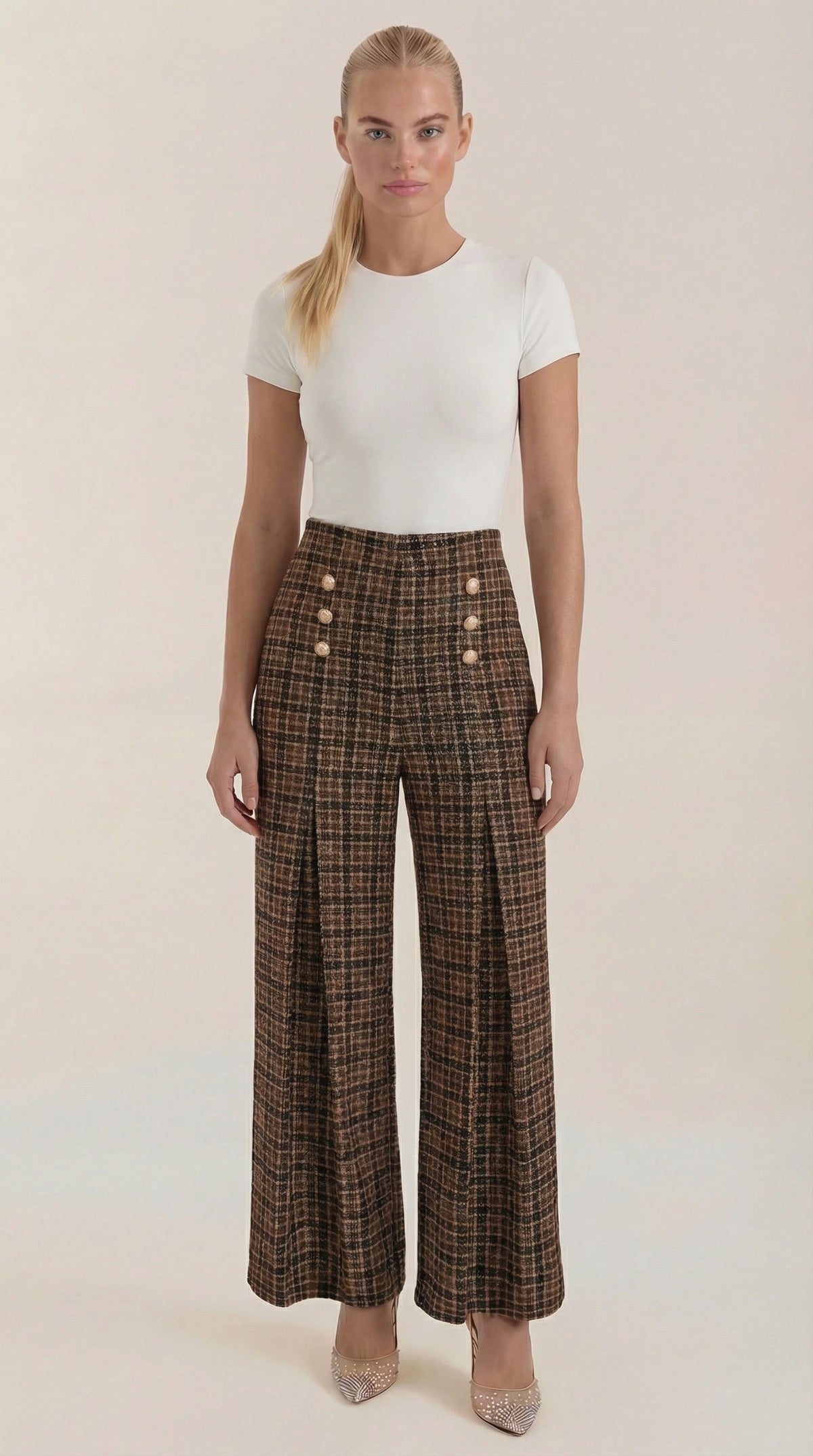 Pantalones de mujer de cintura alta y pierna ancha, con estampado de cuadros de estilo retro.