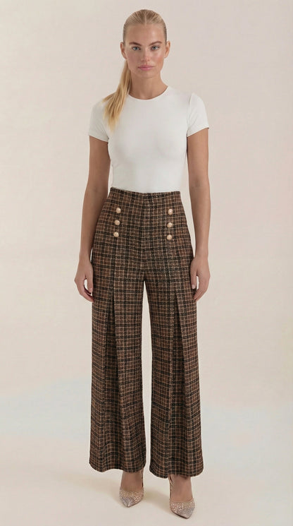 Pantalones de mujer de cintura alta y pierna ancha, con estampado de cuadros de estilo retro.