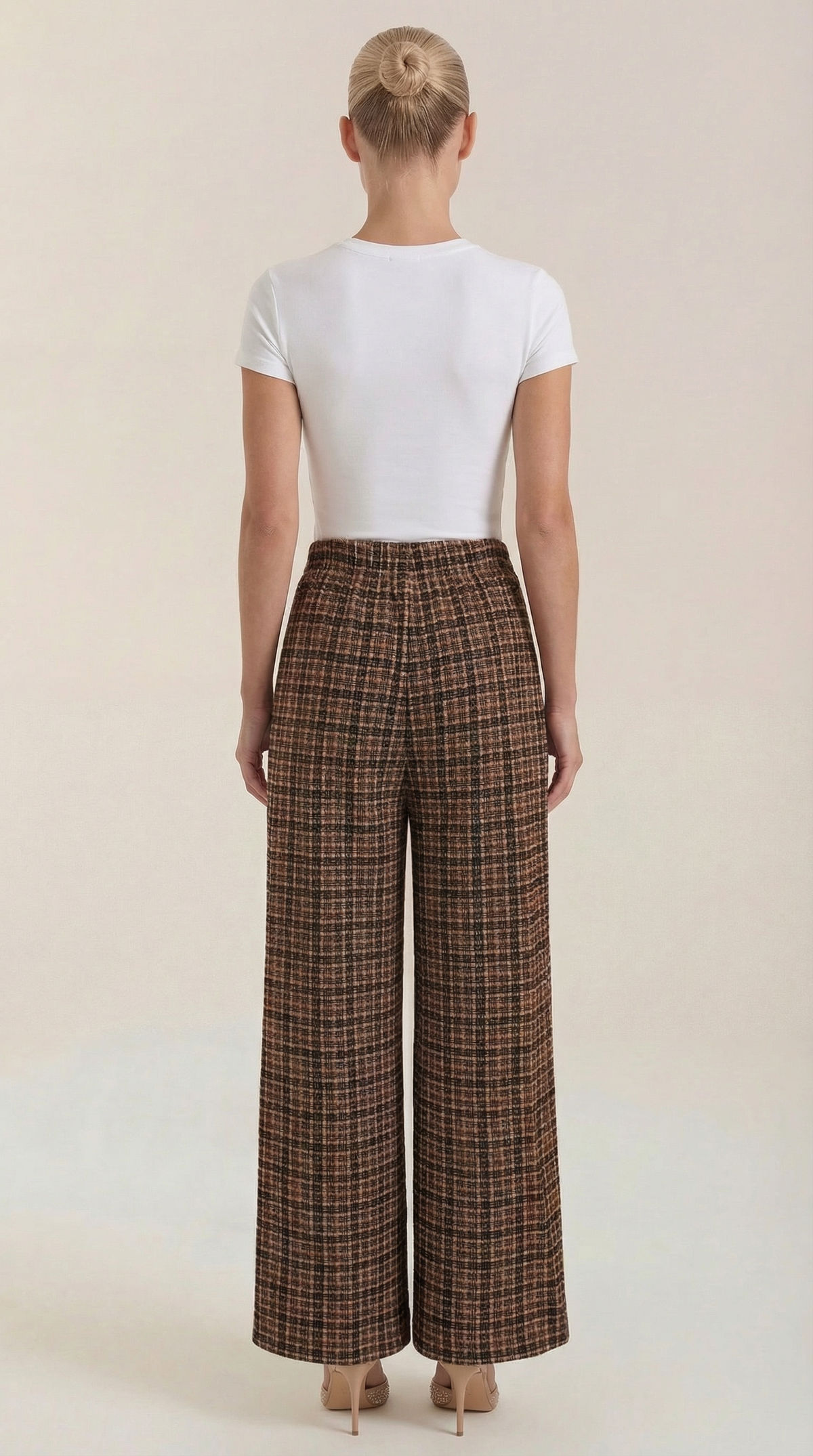 Pantalones de mujer de cintura alta y pierna ancha, con estampado de cuadros de estilo retro.