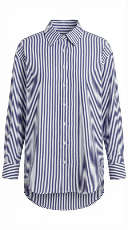 Camicia Da Donna In Popeline A Righe Blu, A Maniche Lunghe E Vestibilità Comoda.