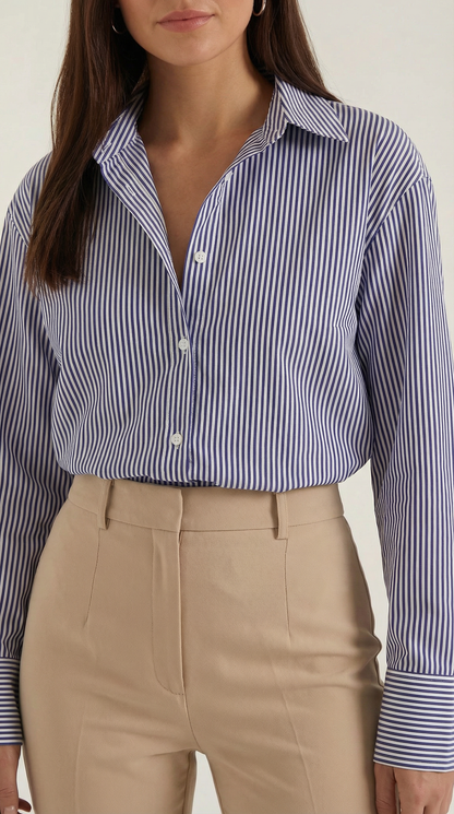 Camicia Da Donna In Popeline A Righe Blu, A Maniche Lunghe E Vestibilità Comoda.