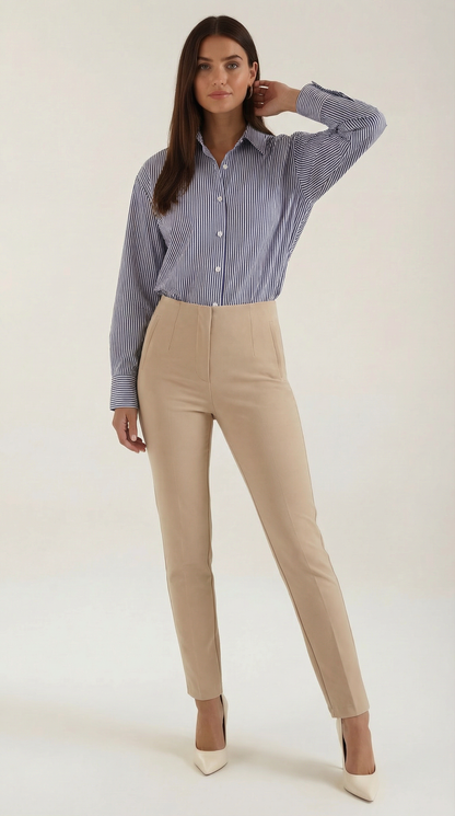 Camicia Da Donna In Popeline A Righe Blu, A Maniche Lunghe E Vestibilità Comoda.