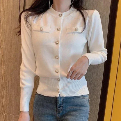 Women's fitted knit cardigan with a high collar, button closure, and long sleeves