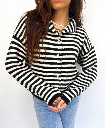 Women's Knit Cardigan White with Black Stripes and Button Closure