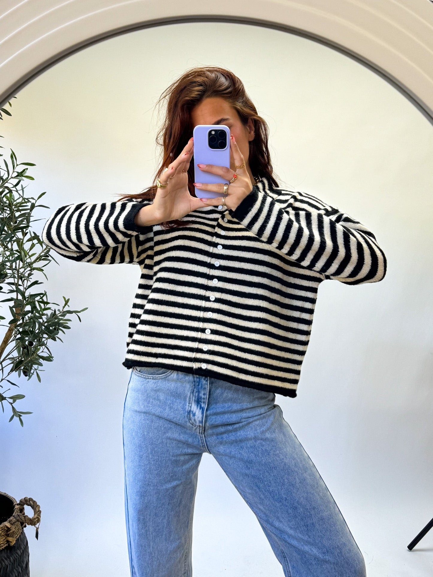 Women's Knit Cardigan White with Black Stripes and Button Closure