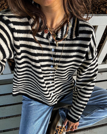 Women's Knit Cardigan White with Black Stripes and Button Closure