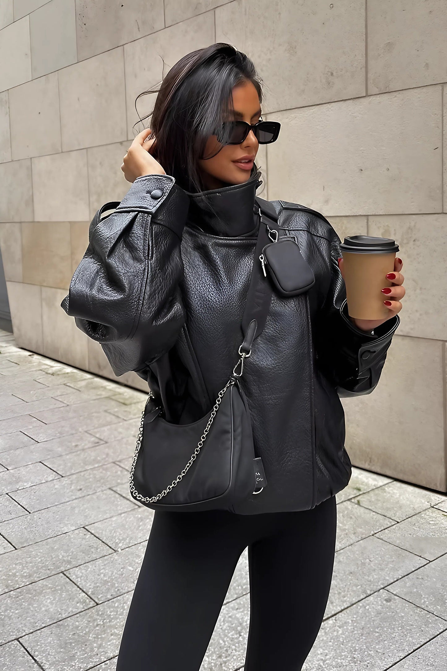 Women's Winter Biker Jacket with Zip and Fitted Cut – Leather Effect