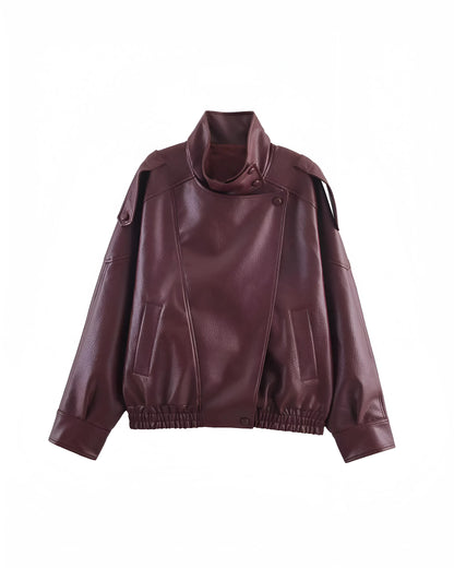 Women's Winter Biker Jacket with Zip and Fitted Cut – Leather Effect