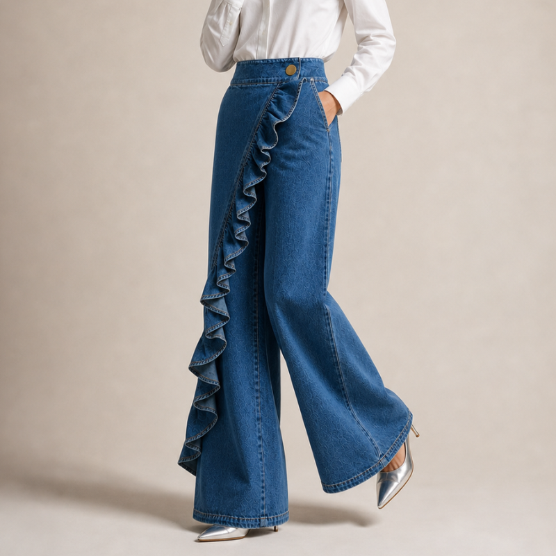 Pantaloni Gonna Donna a Vita Alta con Volant e Gamba Larga – Stile Elegante Casual