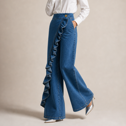 Pantaloni Gonna Donna a Vita Alta con Volant e Gamba Larga – Stile Elegante Casual